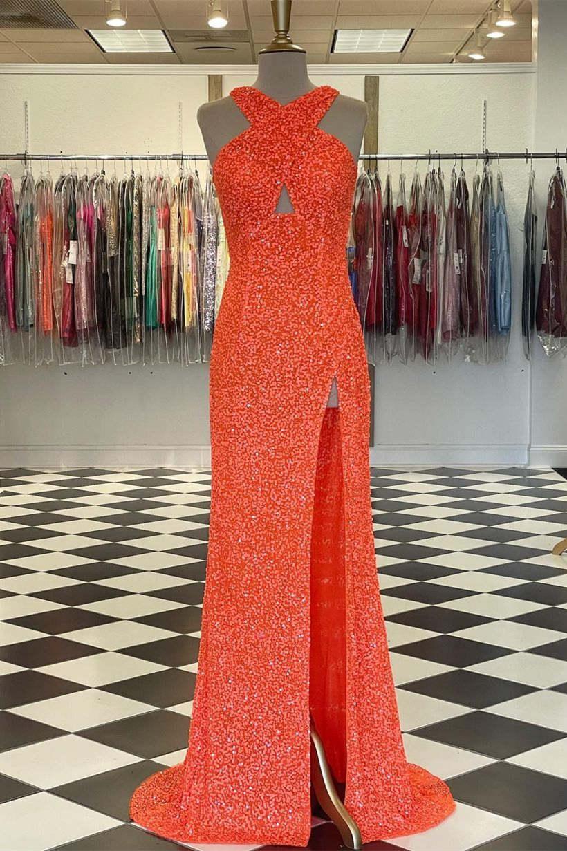 Vestido de fiesta naranja ajustado con cuello cruzado y abertura SYP88