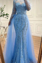 Vestidos de Baile Azul Oceano com Aplicações, Comprimento até ao Chão, Cauda de Sereia, Tule, Mangas Compridas e Bordados com Contas