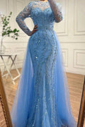 Vestidos de Baile Azul Oceano com Aplicações, Comprimento até ao Chão, Cauda de Sereia, Tule, Mangas Compridas e Bordados com Contas