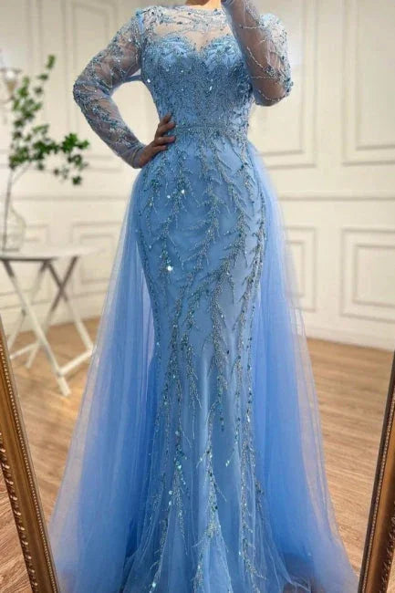 Vestidos de Baile Azul Oceano com Aplicações, Comprimento até ao Chão, Cauda de Sereia, Tule, Mangas Compridas e Bordados com Contas