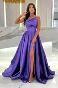 Vestidos de baile compridos até ao chão, em linha A, com uma só alça, abertura frontal, sem mangas e com folhos
