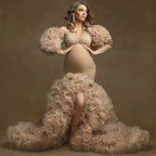 Floral Ruffled Bridal Maternity Dresses Sexy Slit Puffy Sleeve Elastic Custom Made Women Mermaid Party Dresses Stretchy Gown