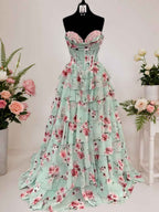 Floral Strapless Sweetheart Tiered Chiffon Prom Dress wit Train