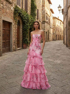 Floral Print Strapless Tiered Long Mermaid Prom Dress With Ruffles