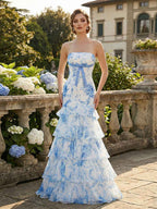 Floral Print Strapless Tiered Long Mermaid Prom Dress With Ruffles