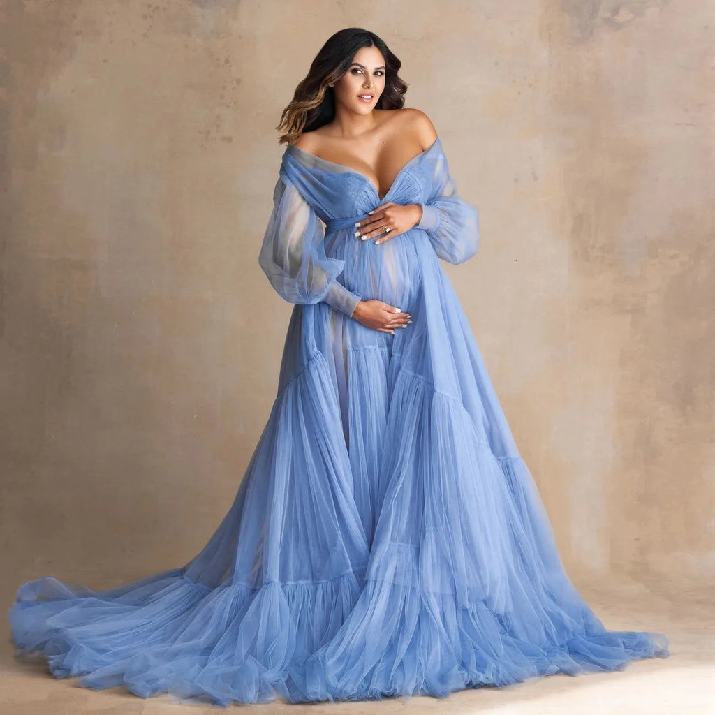 Fluffy Blue Ruffle Tulle Maternity Dress for Photoshoot Off Shoulder Pregnancy Photography Dress Maternity Gown Robes with Sash