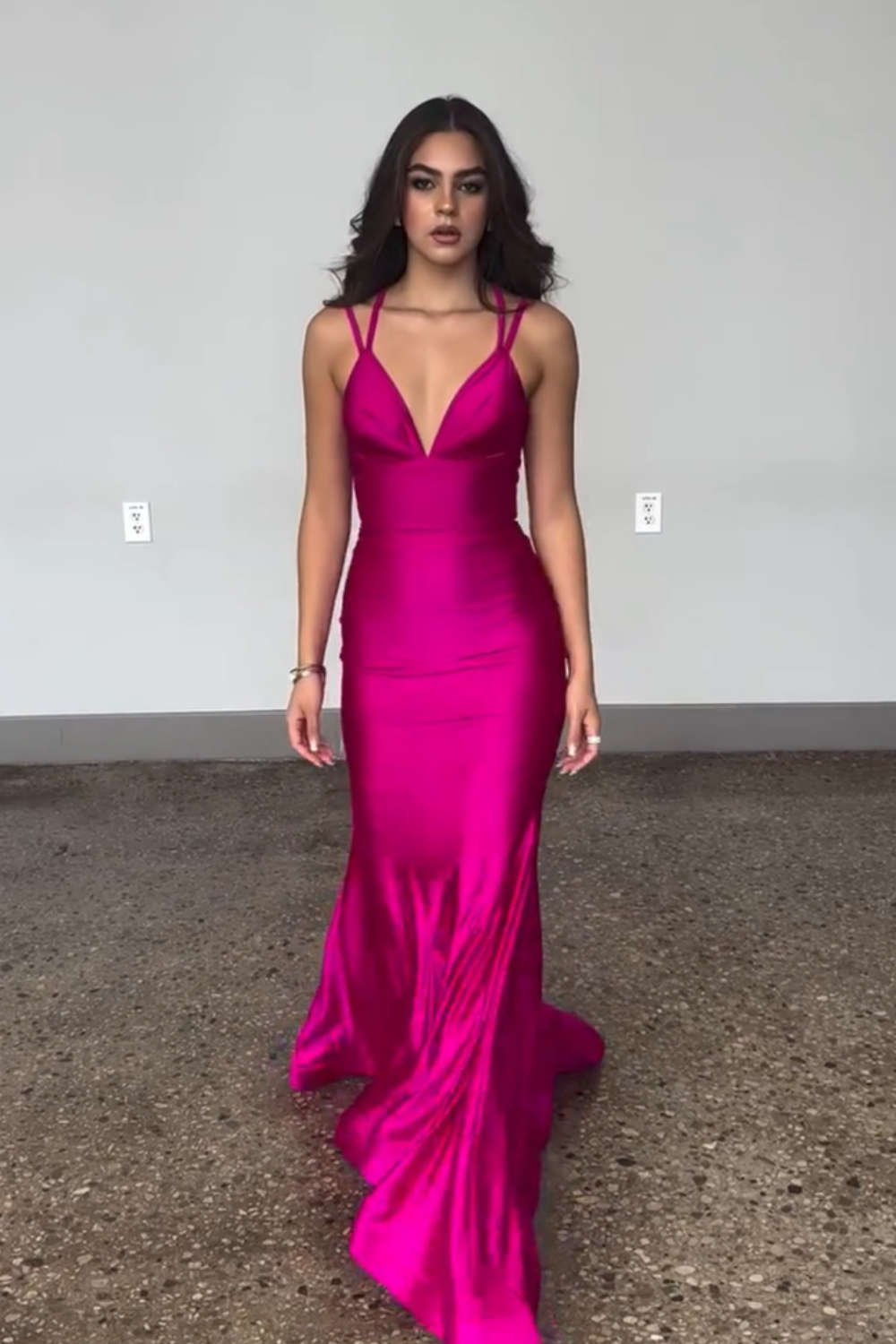 Blue Satin Long Mermaid Prom Dress With Spaghetti Straps Backless Deep V Neck