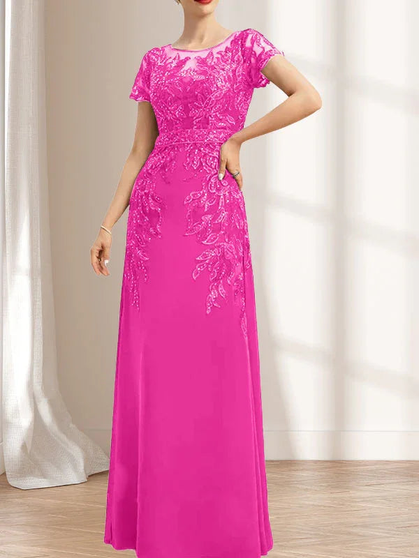 Vestido de madrina de novia con ilusión, corte columna y fajín, largo hasta el suelo, de encaje y gasa con lentejuelas