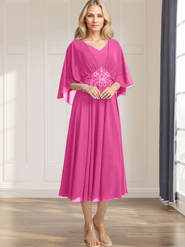 A-line V-Neck Tea-Length Chiffon Mother of the Bride Dress With Pleated Sequins Appliques Lace Beadind