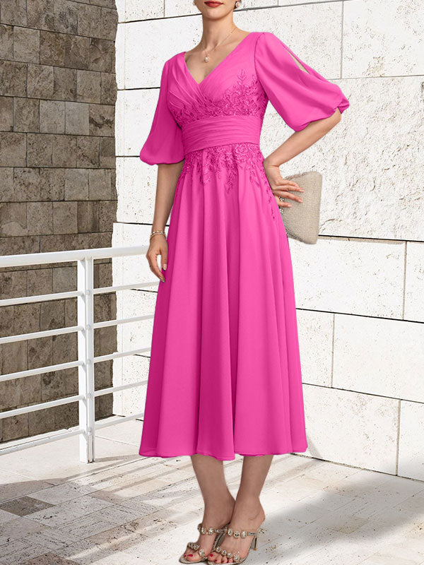 A-line V-Neck Tea-Length Lace Chiffon Mother of the Bride Dress With Pleated
