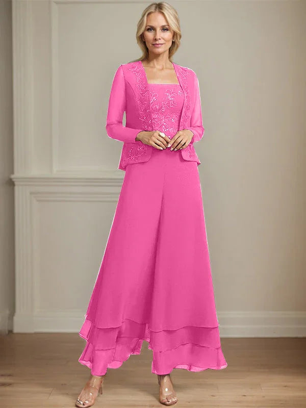 Getrennter Overall/Hosenanzug mit quadratischem Ausschnitt, knöchellang, aus Spitzenchiffon, Brautmutterkleid mit Pailletten