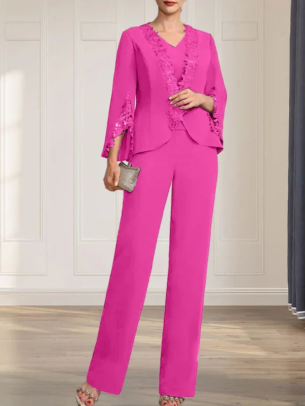 Getrennte Overall/Hosenanzug V-Ausschnitt bodenlanger Chiffon Brautmutterkleid