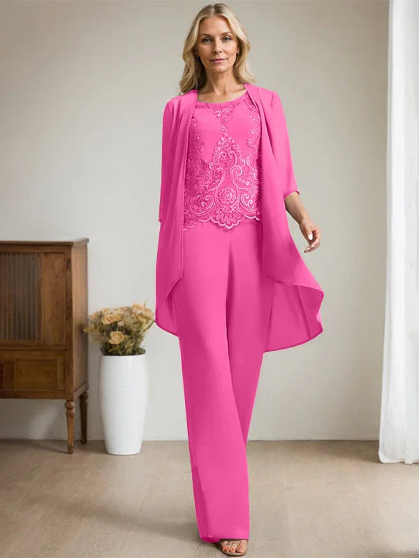 Getrennter Overall/Hosenanzug mit Rundhalsausschnitt, bodenlang, aus Chiffon und Spitze, Mutter-des-Brautkleides mit Perlen und Pailletten