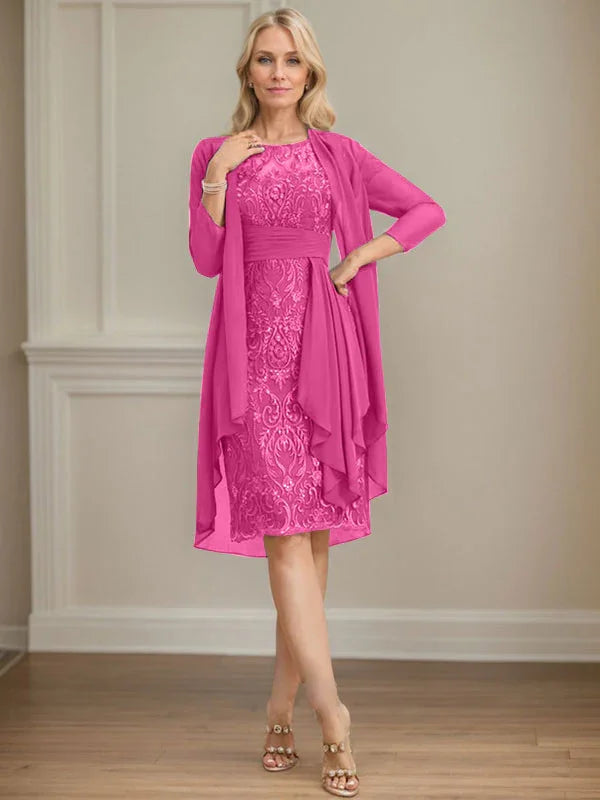Etui/Säulenförmiges Kleid mit Illusion, knielang, aus Spitze und Chiffon, Brautmutterkleid mit herabfließenden Rüschen und Pailletten