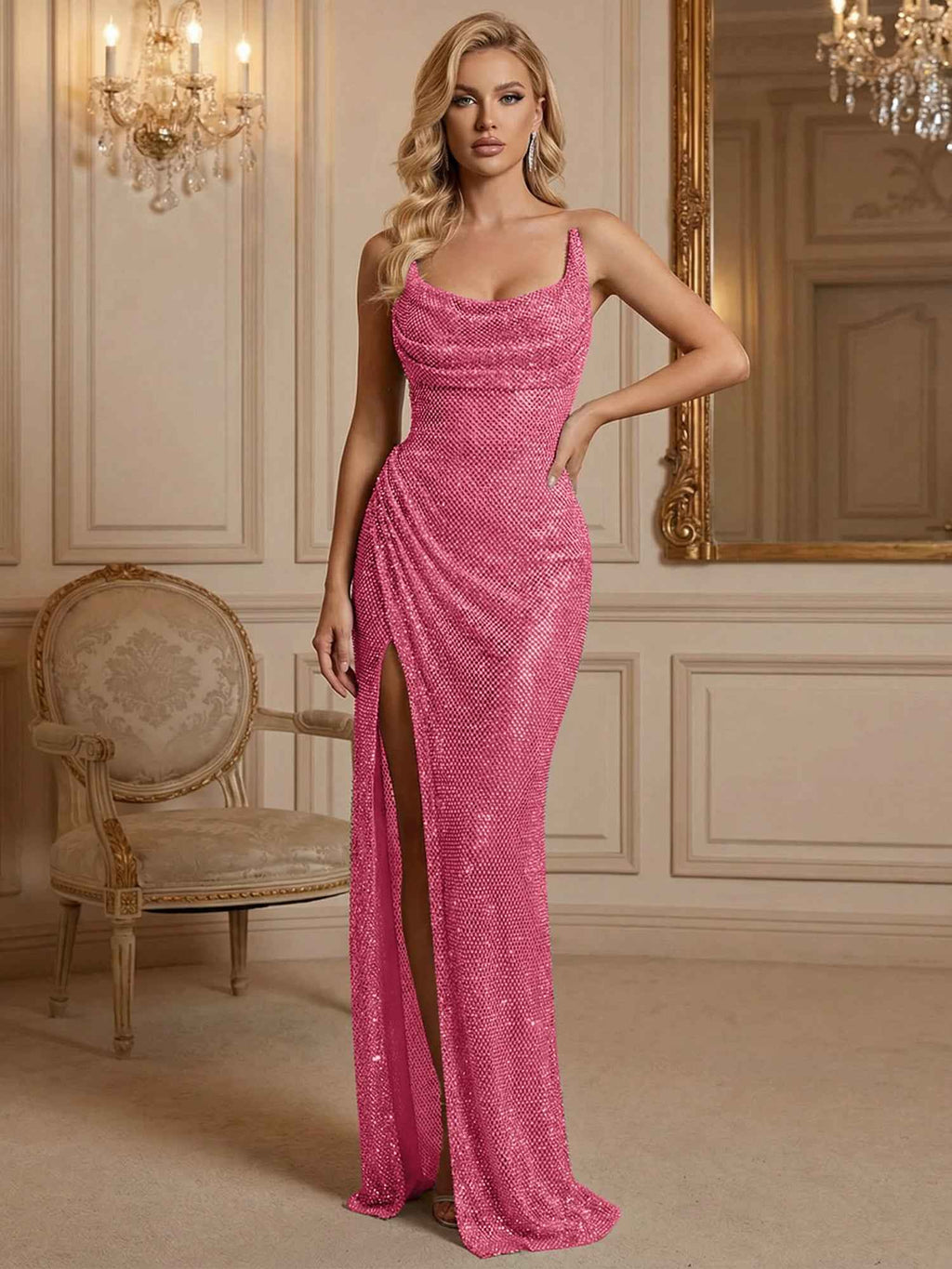 Silver Sequin Cowl Neck Ruched Long Prom Dress With High Slit