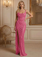 Silver Sequin Cowl Neck Ruched Long Prom Dress With High Slit