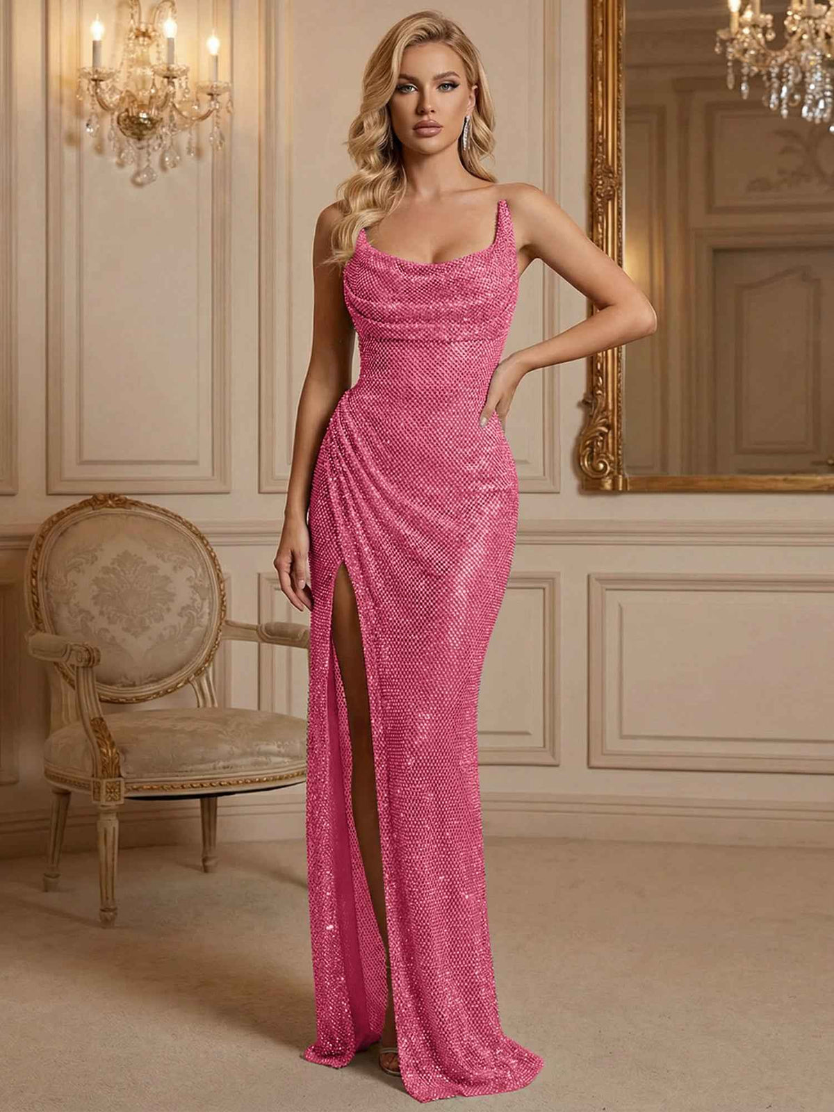Silver Sequin Cowl Neck Ruched Long Prom Dress With High Slit