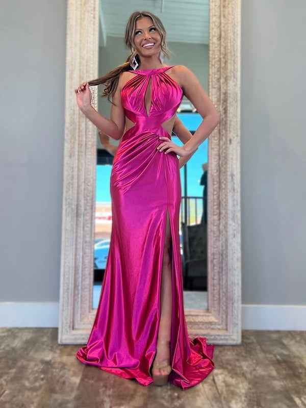 Fuchsia Satin Mermaid Long Prom Dress With Halter Keyhole Neckline Slit
