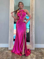 Fuchsia Satin Mermaid Long Prom Dress With Halter Keyhole Neckline Slit