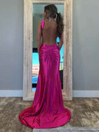 Fuchsia Satin Mermaid Long Prom Dress With Halter Keyhole Neckline Slit