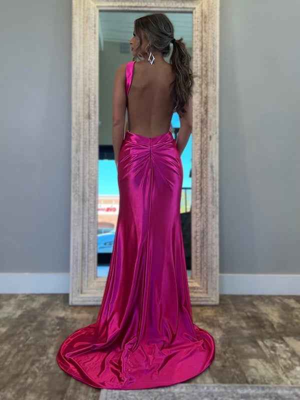 Fuchsia Satin Mermaid Long Prom Dress With Halter Keyhole Neckline Slit