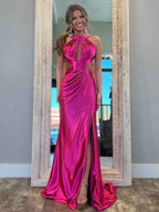 Fuchsia Satin Mermaid Long Prom Dress With Halter Keyhole Neckline Slit