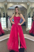 Vestido de Baile Longo Cor-de-Rosa Choque em Linha A, Decote Colher, Tule, Aplicações e Fenda