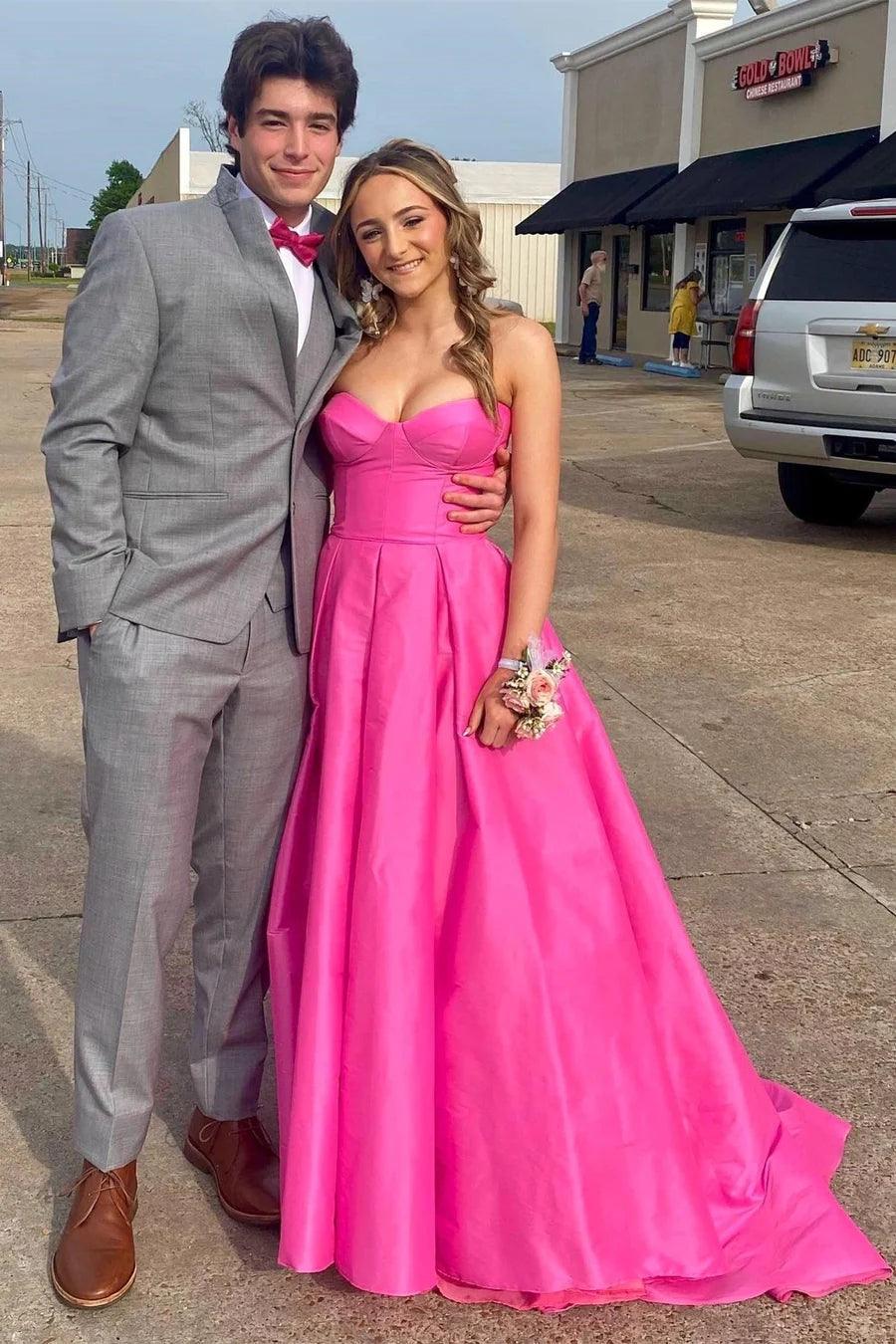 Fuchsia Strapless Satin Sweeping Long Prom Evening Dress With Pockets