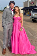 Fuchsia Strapless Satin Sweeping Long Prom Evening Dress With Pockets