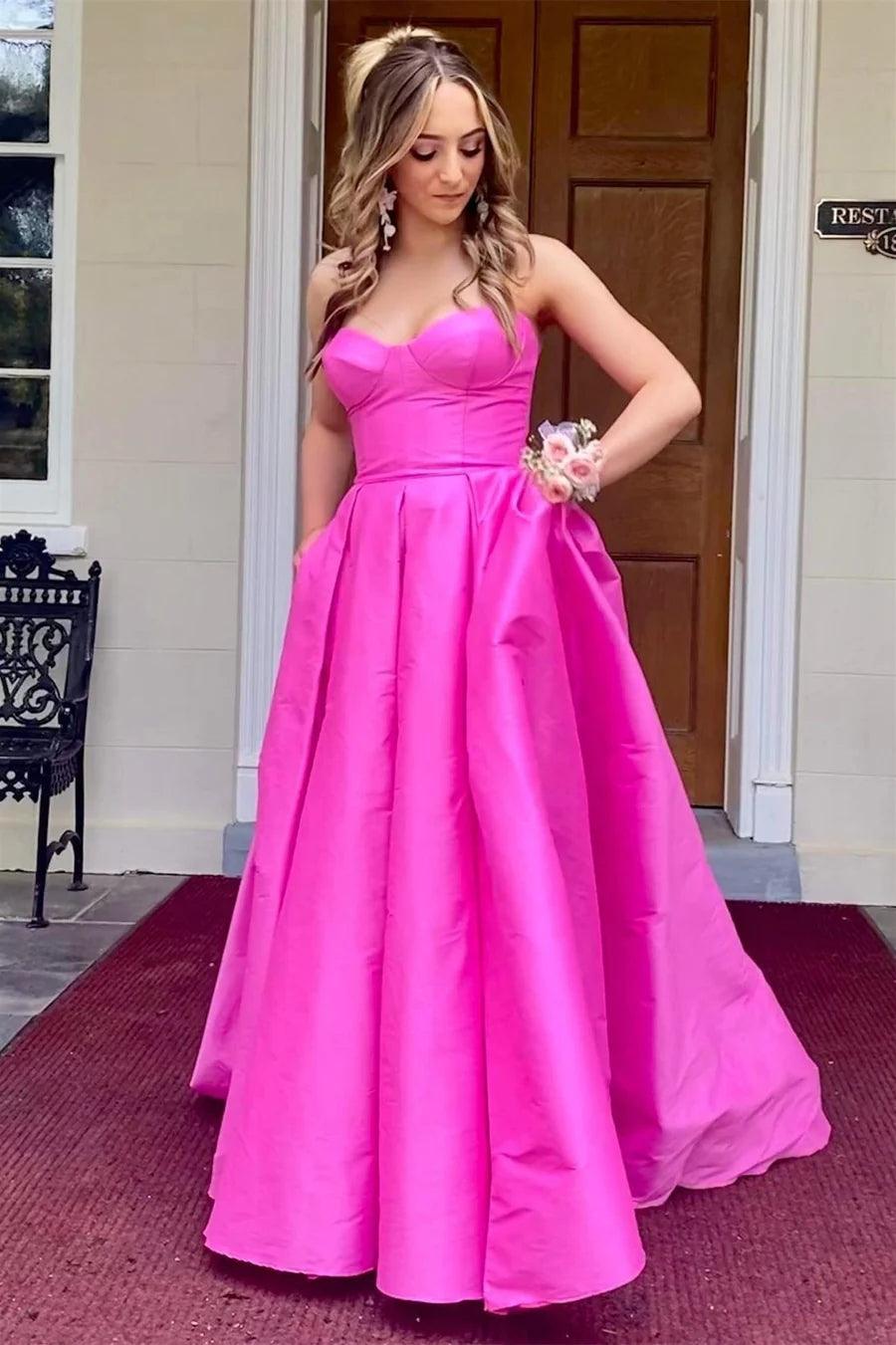 Fuchsia Strapless Satin Sweeping Long Prom Evening Dress With Pockets