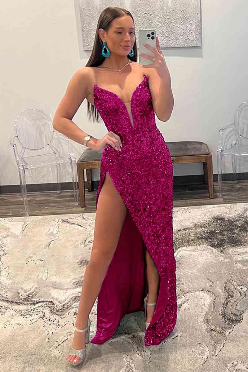 Vestido de Baile Sem Alças com Lantejoulas e Fenda SYP112