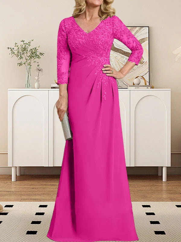 Vestido de madrina de novia con escote en V ilusión, corte columna, largo hasta el suelo, de encaje y gasa con lentejuelas plisadas