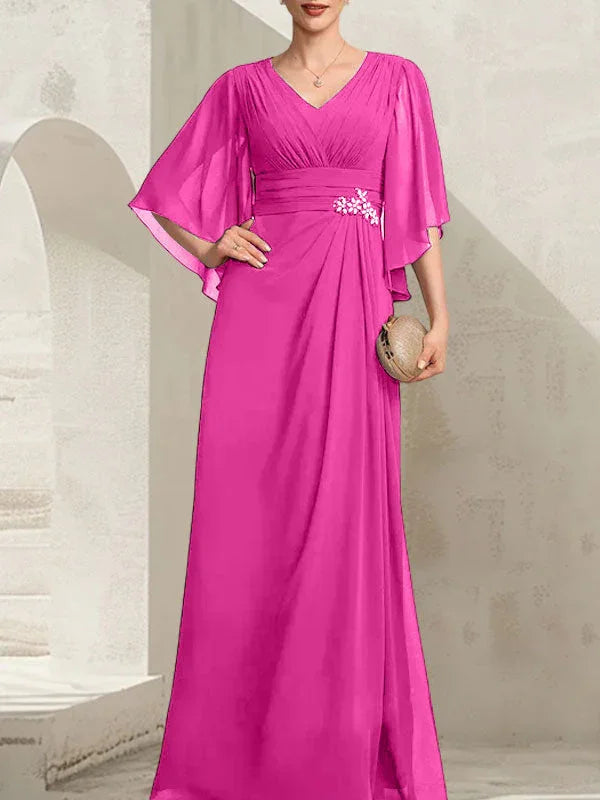 Vestido de madrina de novia de gasa largo hasta el suelo, corte columna y escote en V, con lentejuelas plisadas y abalorios