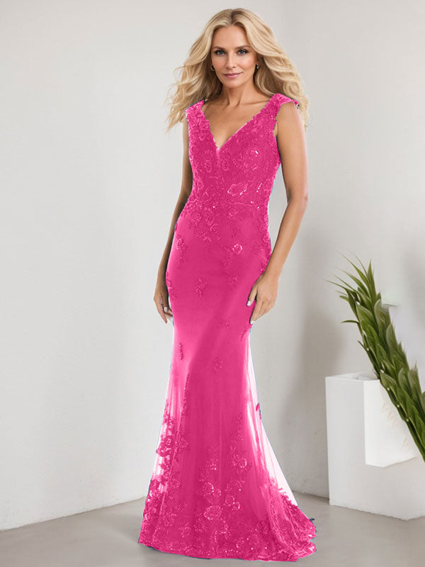 A-line V-Neck Floor-Length Lace Chiffon Mother of the Bride Dress With Applique Sequins Mermaid Dresses