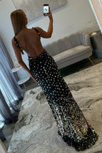 Sparkly Gold Fully Beaded Prom Dress with Deep V Neck Slit and Open Back
