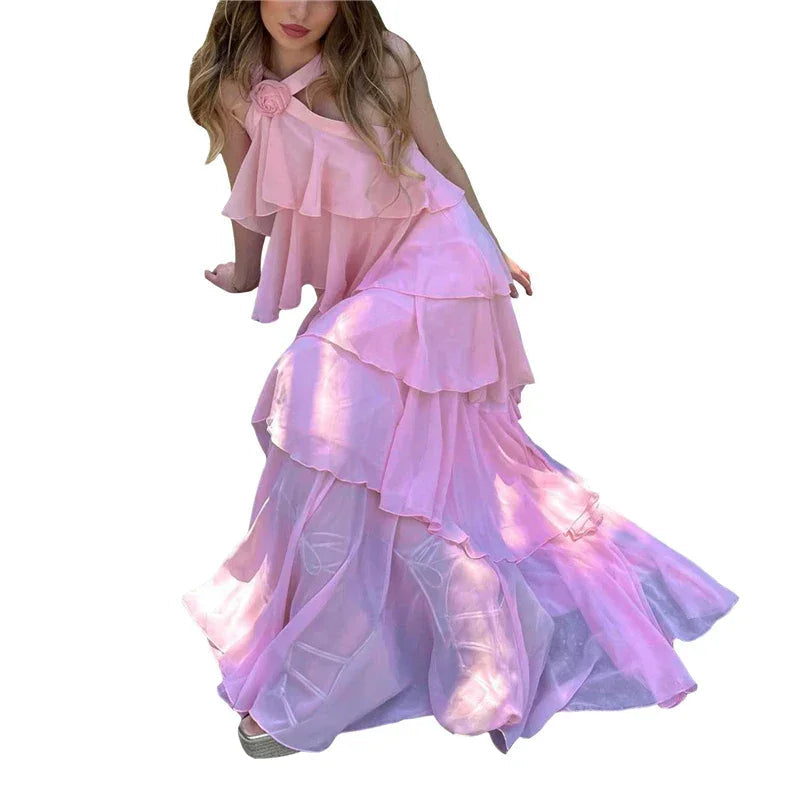 Vestido de baile cor-de-rosa para mulher, em linha A com folhos, vestido de noite cor-de-rosa sem costas Y4532