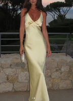 Vestido de Cetim Amarelo com Decote em V Sexy, Vestido Longo de Gala Y7882
