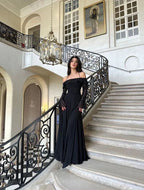Chic Black Long Evening Dress Black Formal Gown with Bell Sleeves Y4357