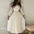 Beige Short Midi Arabic Evening Dress with Belt Long Sleeve Tea Length Women Formal Wedding Party Gowns Y4847