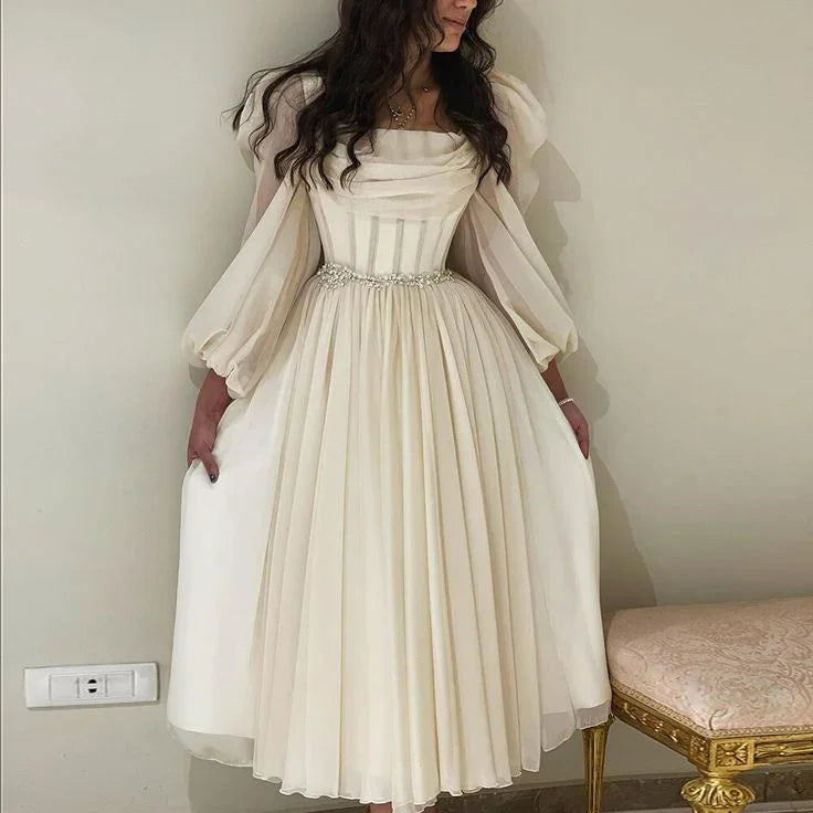 Beige Short Midi Arabic Evening Dress with Belt Long Sleeve Tea Length Women Formal Wedding Party Gowns Y4847