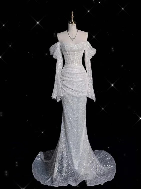 Vestido de noite sereia brilhante fora do ombro vestido glam Y6889