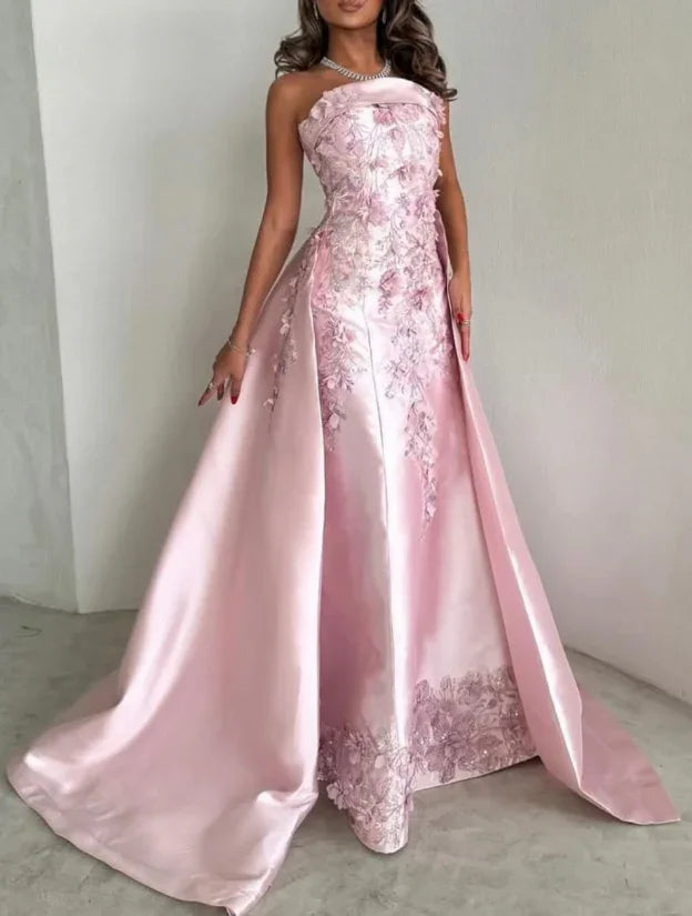 Vestido de Festa Formal Rosa Deslumbrante em Cetim com Aplicações e Sem Alças Y8427
