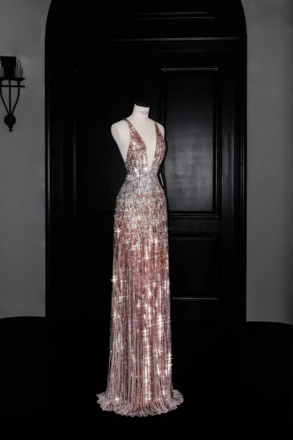 Vestido largo de noche formal con escote en V profundo, lentejuelas y espalda descubierta, vestido de gala Y8683
