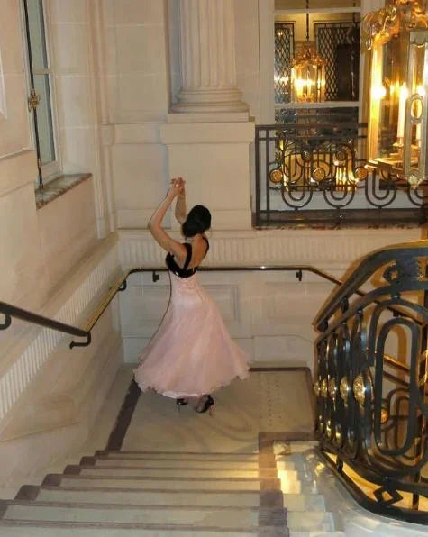 Vestido de fiesta largo de tirantes elegantes, línea A, color rosa Y7900