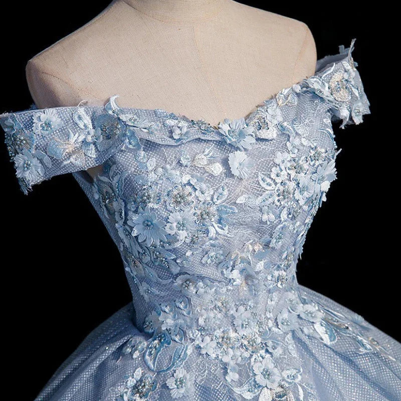 Blue tulle lace long ball gown dress formal dresses Y4208