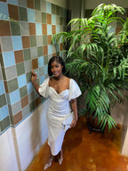 Vestido de noche blanco vintage de largo medio, vestido blanco para fiesta Y5499