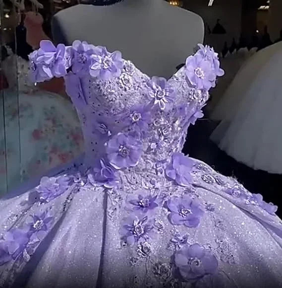 Vestido de baile azul com ombros descobertos, vestido cintilante de baile com flores S26908