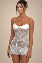 White Strapless Sheer Lace Corset Mini Wedding Dress ZP002