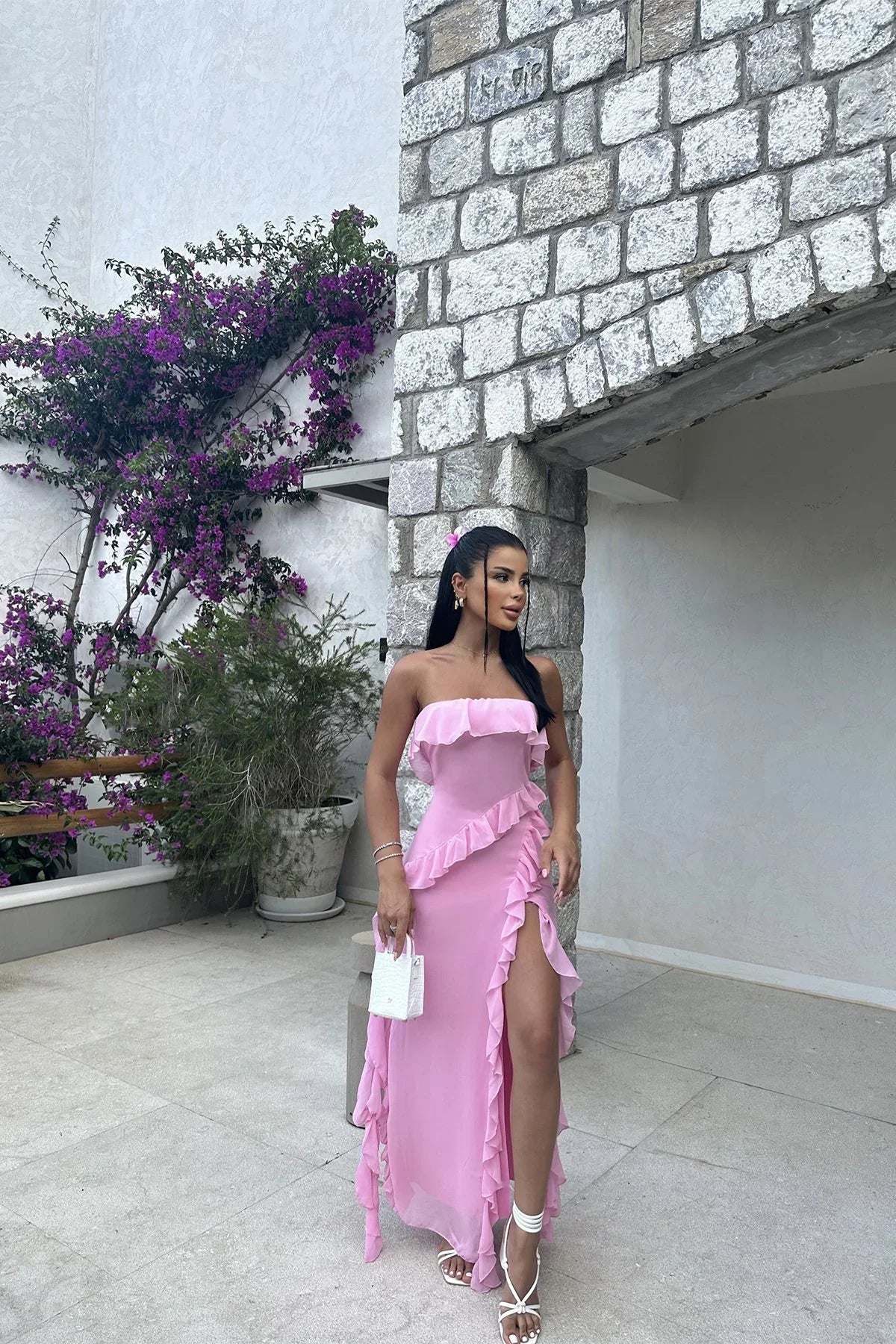 Pretty Pink Strapless Ruffle Slit Evening Dress Long Birthday Prom Dress Y8203