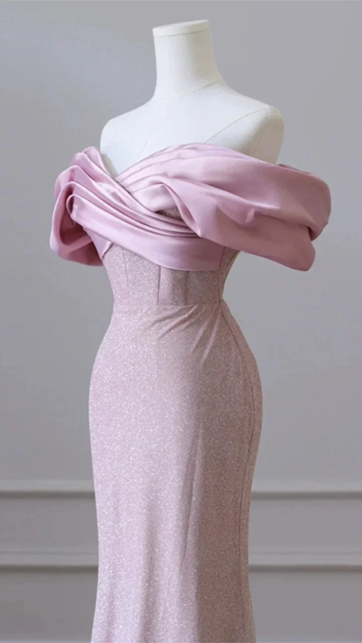 Vestido de noche elegante para mujer en rosa carne con lentejuelas, escote a los hombros, para fiesta o baile de graduación Y6963
